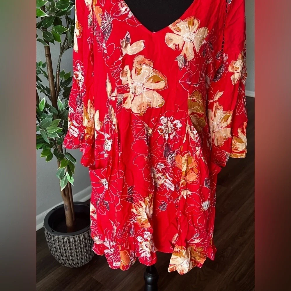 Free People Eyes on You Red Floral Boho Tunic Dress, Size 6